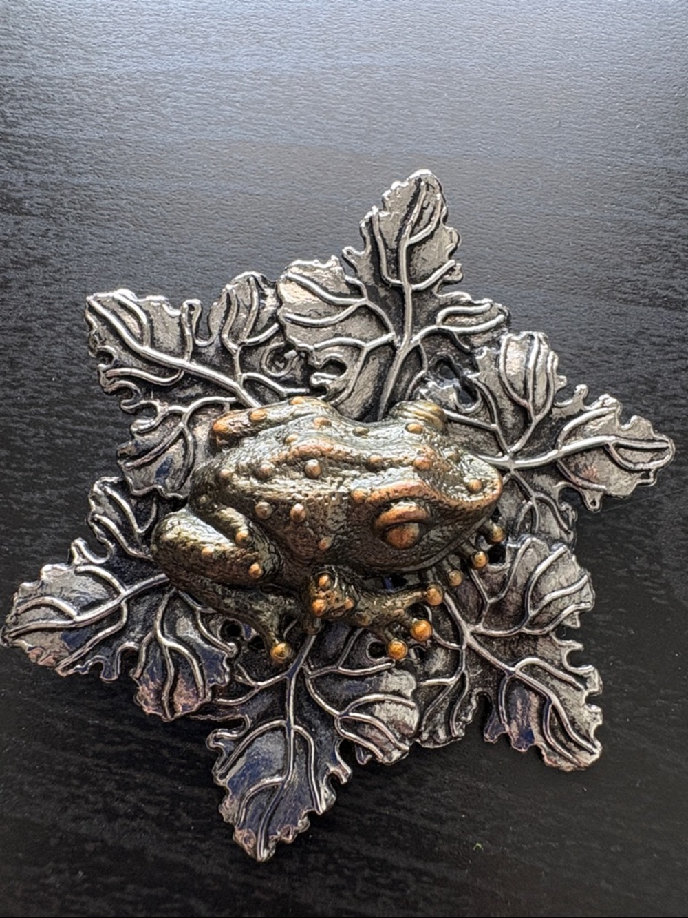 SYLVIA DAHL “FROG ON A LILLY PAD” LAPELCLIP/BROOCH